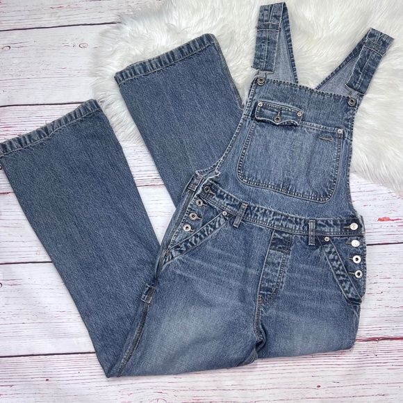 VINTAGE |•SILVER JEANS•| Blue Denim Flare Leg Bib Overall Jeans - Picture 1 of 14